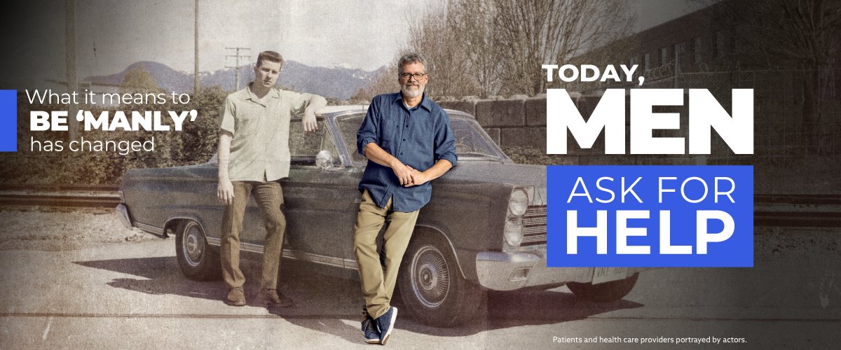 Image of a man and his younger self leaning on a car with the headline "What it means to be 'manly' has changed Today, men ask for help"